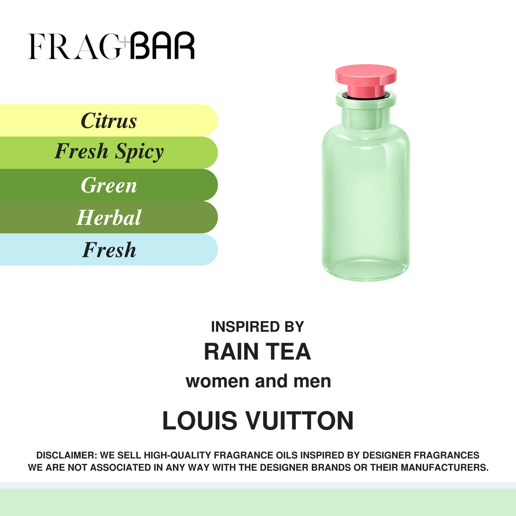 FragBar fragrance inspired by Louis Vuitton Rain Tea, showing a pale green bottle with a pink cap beside citrus, fresh spicy, green, herbal and fresh accords.