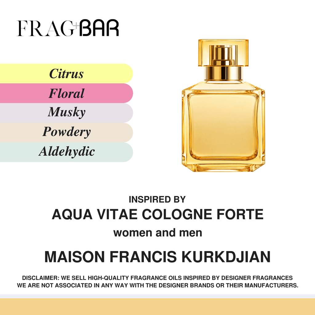 FragBar fragrance inspired by Maison Francis Kurkdjian Aqua Vitae Cologne Forte, showing a golden square bottle with a clear cap beside citrus, floral, musky, powdery and aldehydic accords.