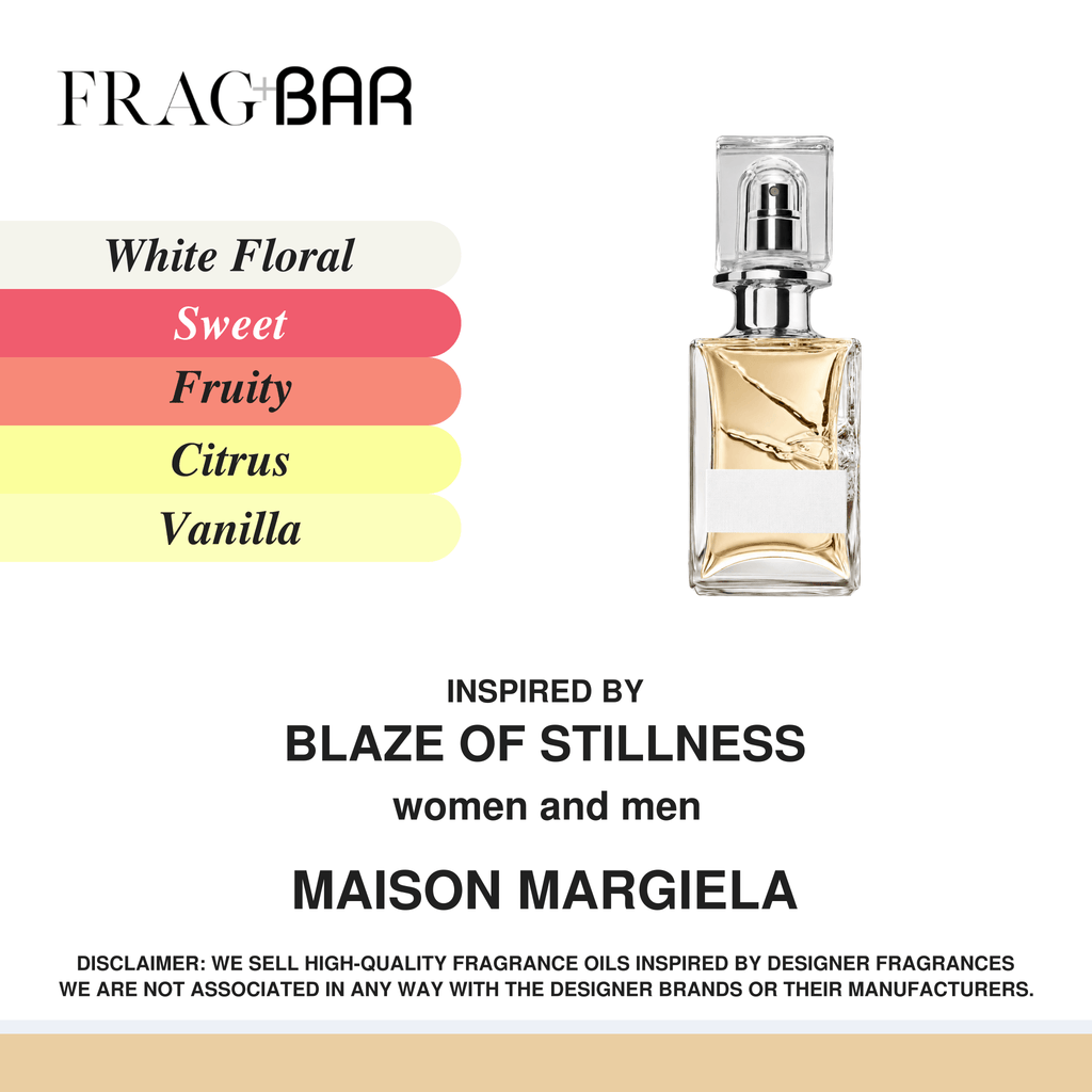 FragBar fragrance inspired by Maison Margiela Blaze of Stillness, showing a clear bottle with a transparent square cap beside white floral, sweet, fruity, citrus and vanilla accords.