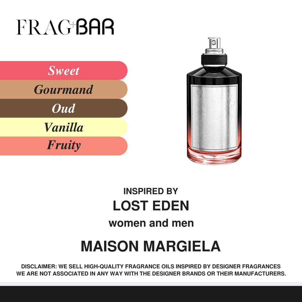 FragBar fragrance inspired by Maison Margiela Lost Eden, showing a black and pink cylindrical bottle with a silver label and exposed atomizer beside sweet, gourmand, oud, vanilla and fruity accords.