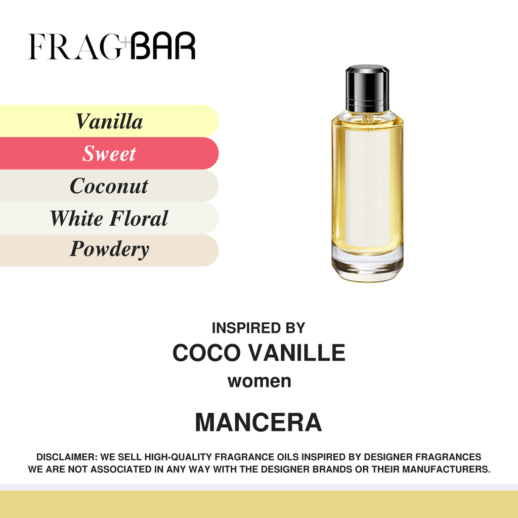 Frag Bar Mancera women's fragrance oil bottle on a white background, with flavor color swatches for Vanilla, Sweet, Coconut, White Floral, and Powdery on the left, plus text stating inspired by Coco Vanille and Mancera.
