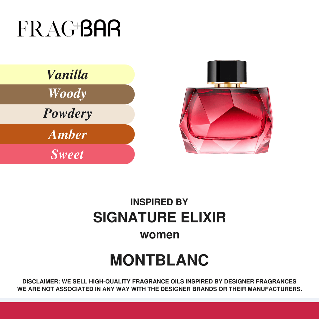 FragBar fragrance inspired by Montblanc Signature Elixir, showing a faceted red bottle with a black and gold cap beside vanilla, woody, powdery, amber and sweet accords.