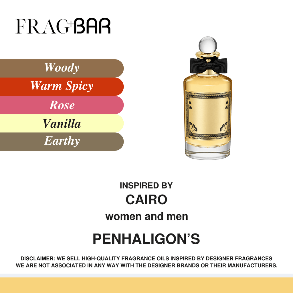 FragBar fragrance inspired by Penhaligon’s Cairo, showing a clear bottle with golden liquid and a black bow beside woody, warm spicy, rose, vanilla and earthy accords.