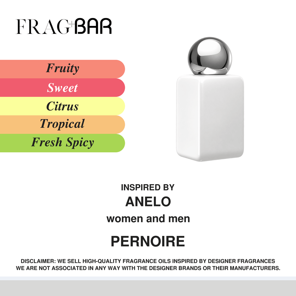 FragBar fragrance inspired by Pernoire Anelo, showing a white rectangular bottle with a round silver cap beside fruity, sweet, citrus, tropical and fresh spicy accords.
