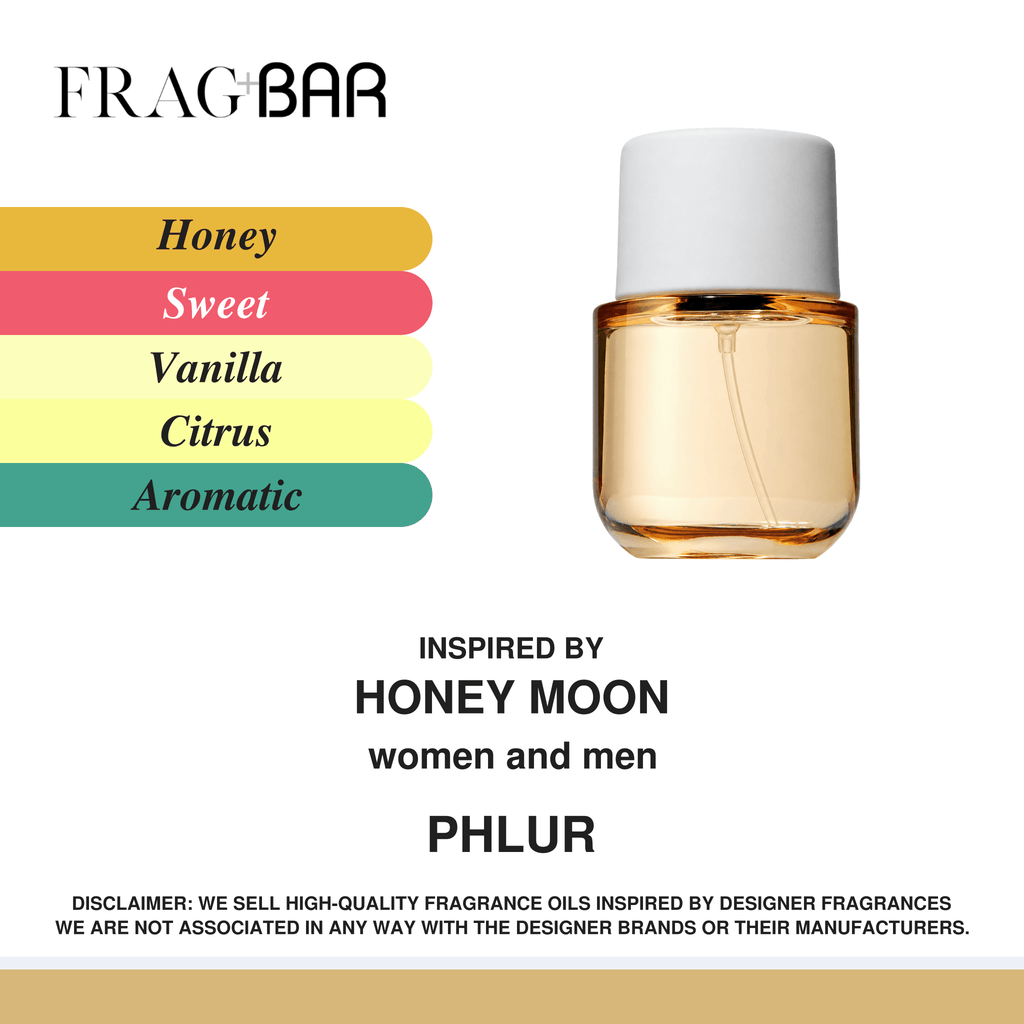 FragBar fragrance inspired by Phlur Honey Moon, showing a golden bottle with a white cap beside honey, sweet, vanilla, citrus and aromatic accords.