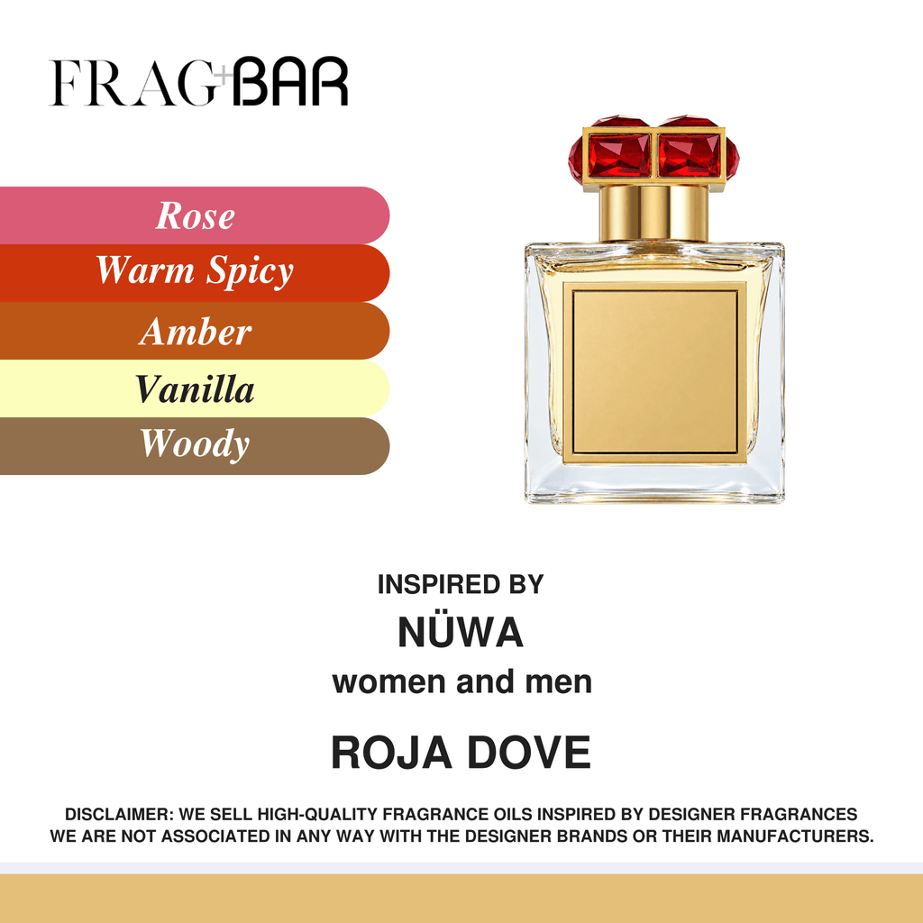 FragBar fragrance inspired by Roja Dove Nüwa, showing a clear square bottle with a gold panel and red gem cap beside rose, warm spicy, amber, vanilla and woody accords.