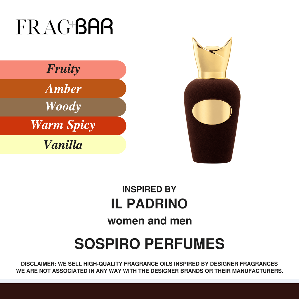 FragBar fragrance inspired by Sospiro Il Padrino, showing a textured brown bottle with a sculpted gold cap and oval gold label beside fruity, amber, woody, warm spicy and vanilla accords.