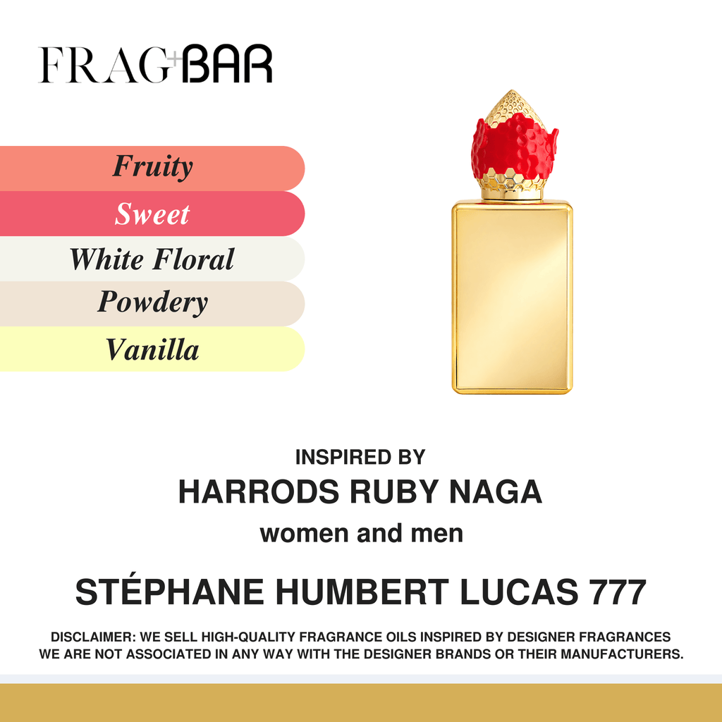 FragBar fragrance inspired by Stéphane Humbert Lucas 777 Harrods Ruby Naga, showing a gold bottle with a red and gold cap beside fruity, sweet, white floral, powdery and vanilla accords.