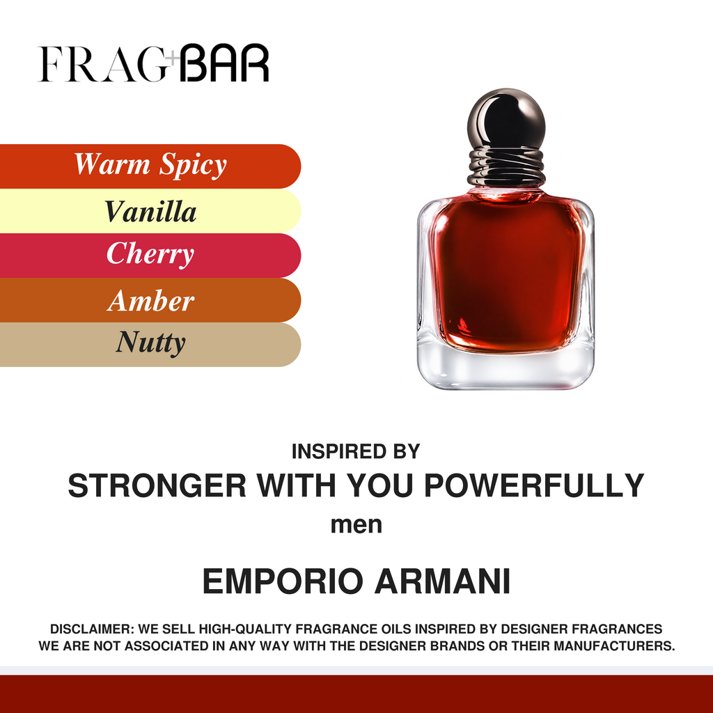 A fragrance oil bottle with amber-red liquid and a black cap on a white background, alongside a vertical color swatch labeled Warm Spicy, Vanilla, Cherry, Amber, and Nutty, and text reading FRAG BAR and EMPORIO ARMANI.