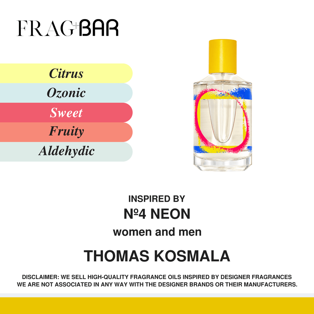 Frag Bar 'No4 Neon' fragrance oil bottle by Thomas Kosmala, featuring a clear glass bottle with a bright yellow cap and a colorful neon-style label. The graphic includes scent descriptors (Citrus, Ozonic, Sweet, Fruity, Aldehydic) and a disclaimer on a white background.