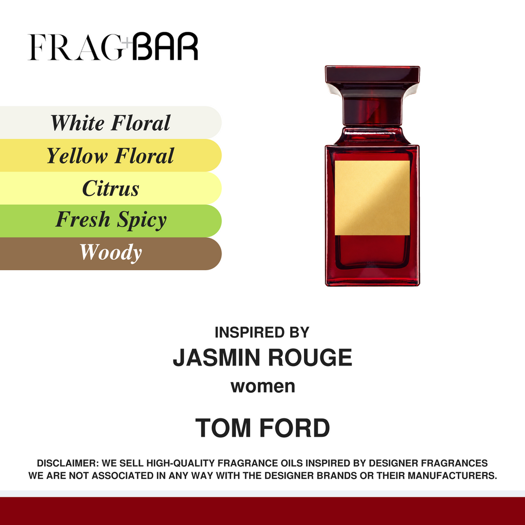 FragBar fragrance inspired by Tom Ford Jasmin Rouge, showing a red bottle with a gold label beside white floral, yellow floral, citrus, fresh spicy and woody accords.