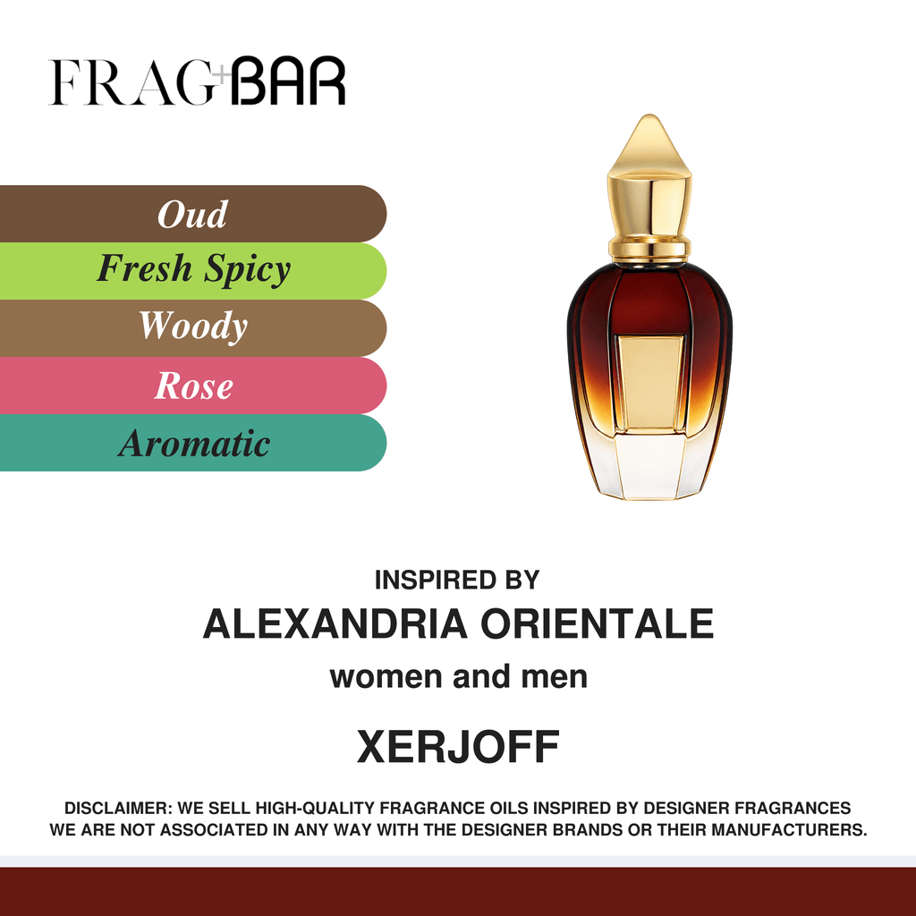 FragBar fragrance inspired by Xerjoff Alexandria Orientale, showing a dark amber bottle with a pointed gold cap beside oud, fresh spicy, woody, rose and aromatic accords.