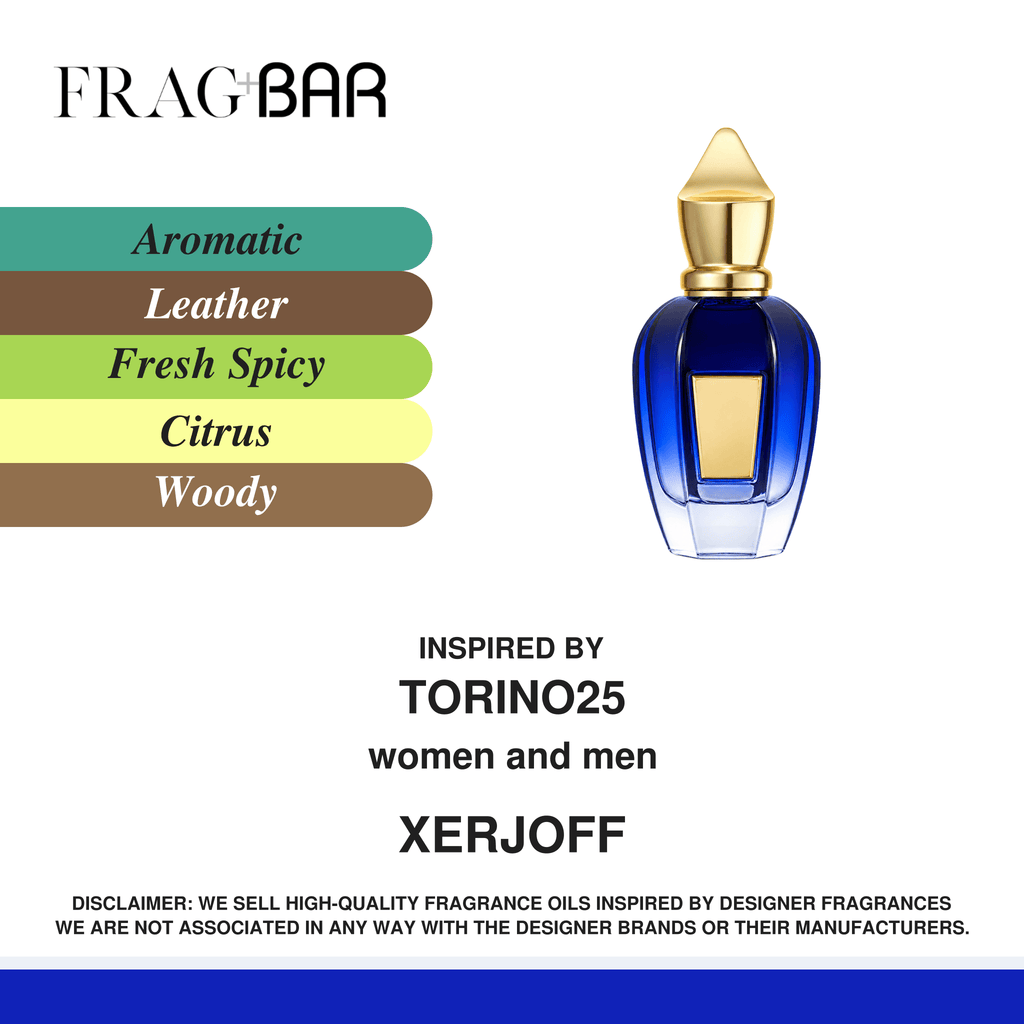 FragBar fragrance inspired by Xerjoff Torino25, showing a blue bottle with a pointed gold cap beside aromatic, leather, fresh spicy, citrus and woody accords.