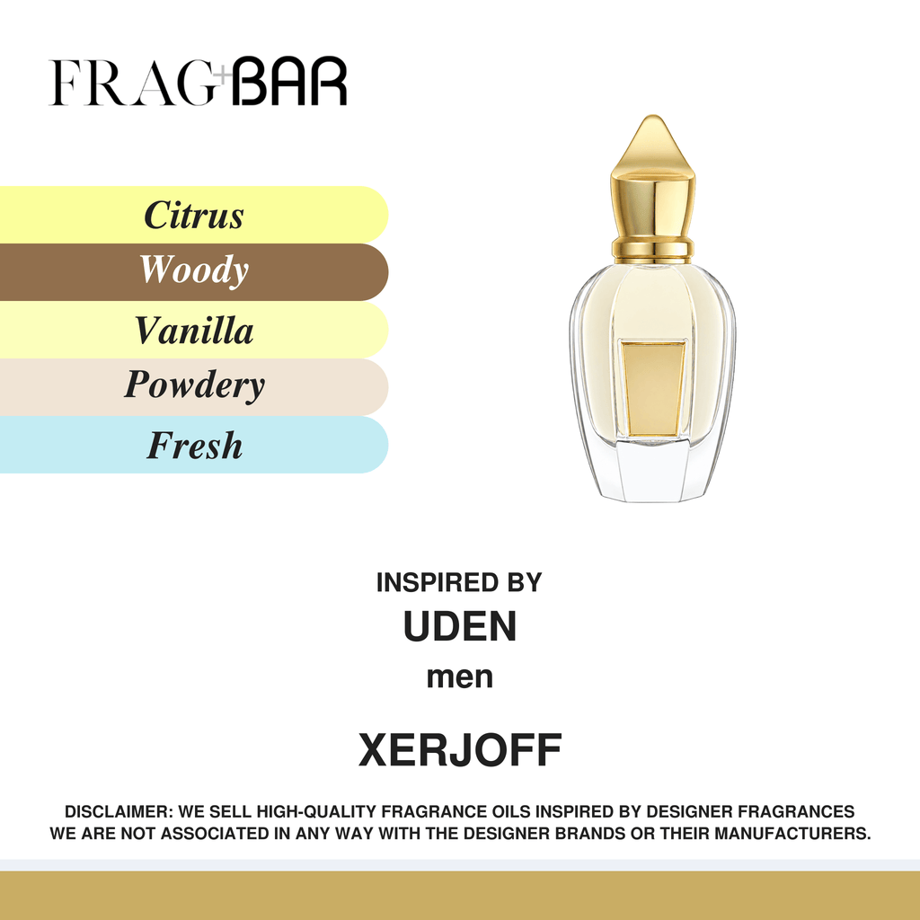 FragBar fragrance inspired by Xerjoff Uden, showing a clear bottle with a pointed gold cap beside citrus, woody, vanilla, powdery and fresh accords.