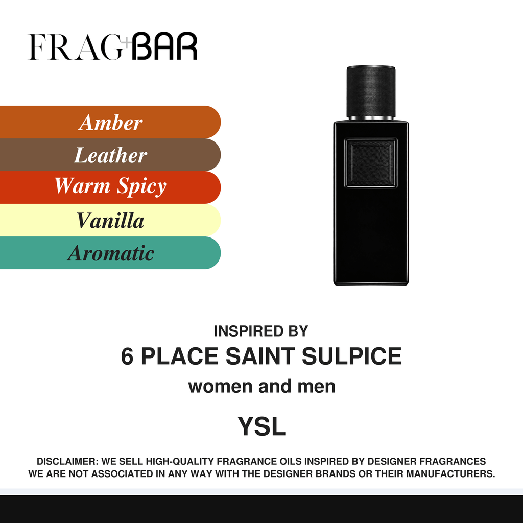 FragBar fragrance inspired by YSL 6 Place Saint Sulpice, showing a black bottle with a textured black cap beside amber, leather, warm spicy, vanilla and aromatic accords.