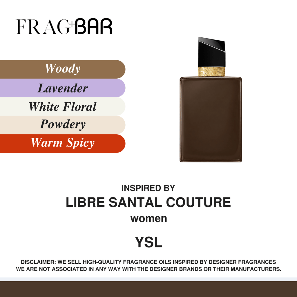 Frag Bar YSL Libre Santal Couture women fragrance oil bottle in a dark brown Woody/Lavender scent profile, shown on a white background with scent color swatches and a disclaimer.