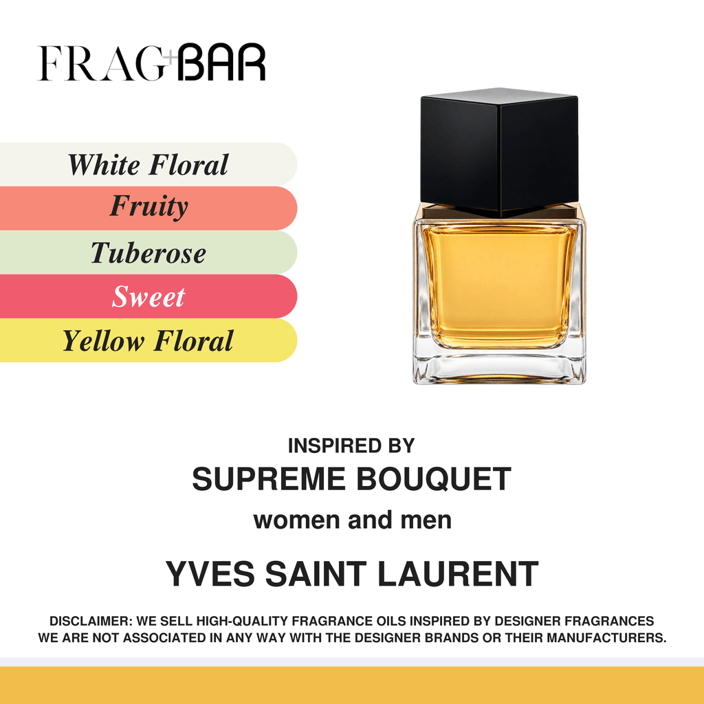 FragBar fragrance inspired by YSL Supreme Bouquet, showing a golden glass bottle with a large black cap beside white floral, fruity, tuberose, sweet and yellow floral accords.