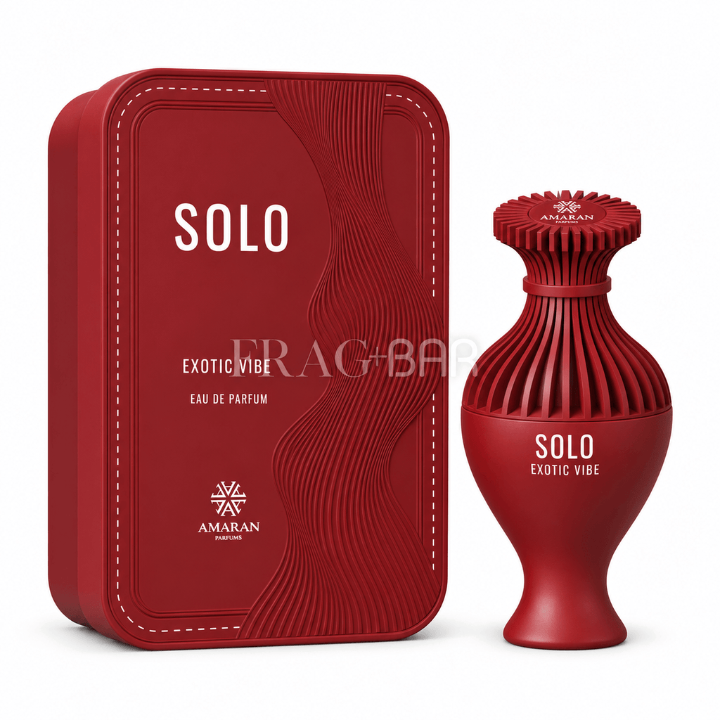 Amaran Solo Exotic Vibe Eau de Parfum shown with its red rectangular box and matching ribbed bottle on a white background.