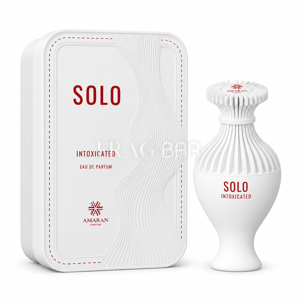 Amarian Solo Intoxicated Eau de Parfum shown with its white rectangular box and the white ribbed perfume bottle on a clean white background.