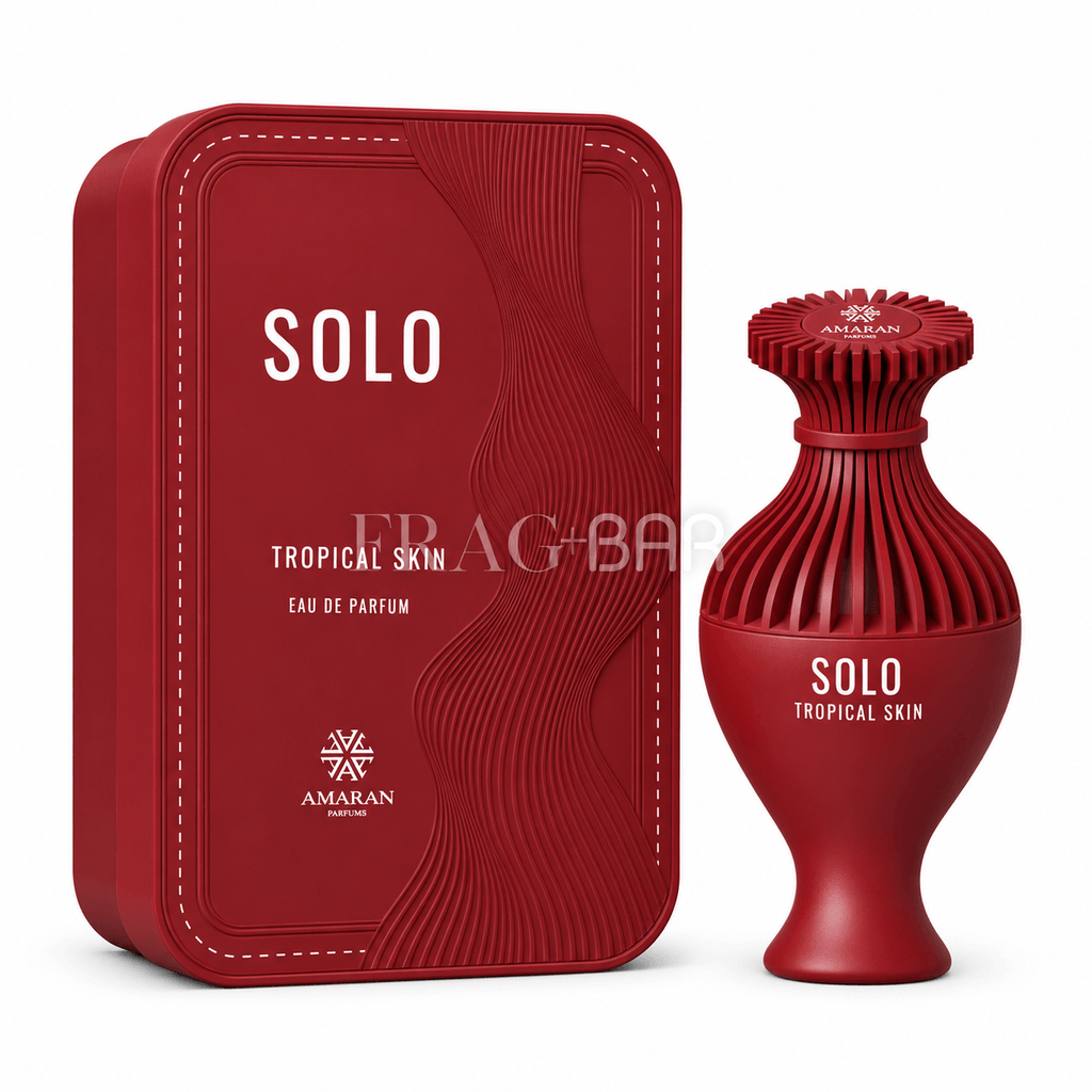 Amaran Solo Tropical Skin Eau de Parfum shown with its red rectangular box and matching ribbed bottle on a white background.