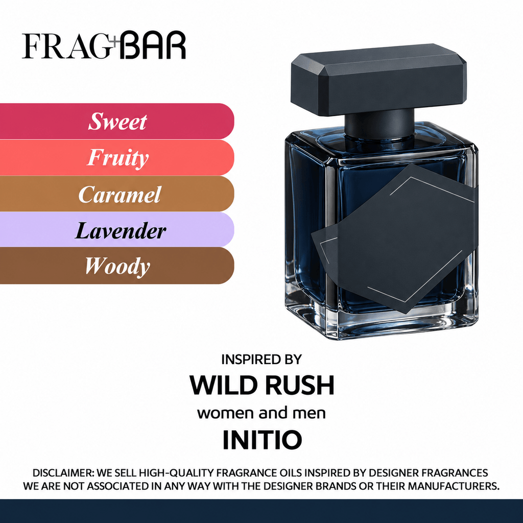 Frag Bar Initio fragrance oil bottle with a dark navy blue liquid and a matte black cap, shown next to a color swatch list of Sweet, Fruity, Caramel, Lavender, and Woody scents on a white background.